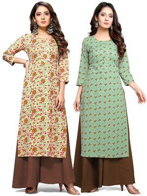 Beige printed cotton ethnic-kurtis 1