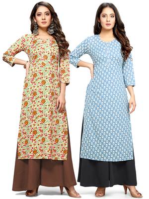 Beige printed cotton ethnic-kurtis 1