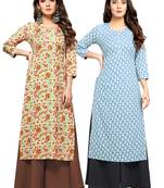 Beige printed cotton ethnic-kurtis