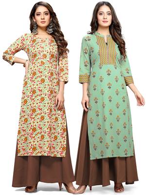 Beige printed cotton ethnic-kurtis 1