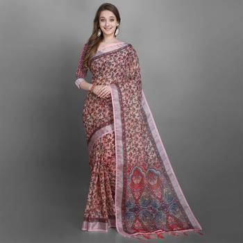 Women's Multi Floral Printed Linen Silk Saree 2