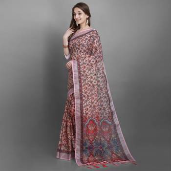 Women's Multi Floral Printed Linen Silk Saree 3