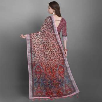 Women's Multi Floral Printed Linen Silk Saree 4