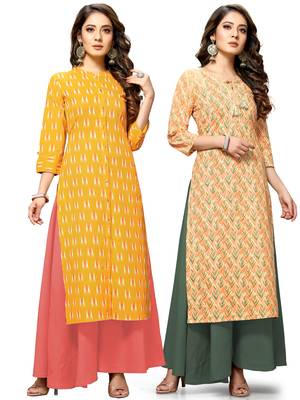 Yellow printed cotton ethnic-kurtis 1
