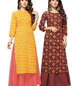 Yellow printed cotton ethnic-kurtis