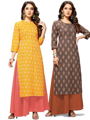 Yellow printed cotton ethnic-kurtis 1