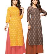 Yellow printed cotton ethnic-kurtis