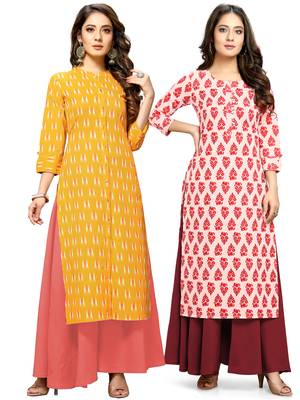 Yellow printed cotton ethnic-kurtis 1