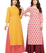 Yellow printed cotton ethnic-kurtis