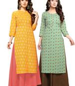 Yellow printed cotton ethnic-kurtis
