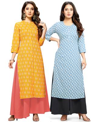 Yellow printed cotton ethnic-kurtis 1