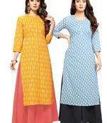 Yellow printed cotton ethnic-kurtis
