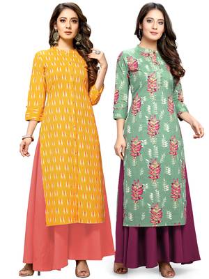 Yellow printed cotton ethnic-kurtis 1