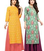 Yellow printed cotton ethnic-kurtis