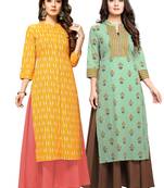 Yellow printed cotton ethnic-kurtis