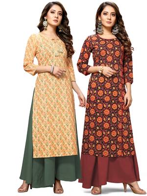 Beige printed cotton ethnic-kurtis 1