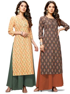 Beige printed cotton ethnic-kurtis 1