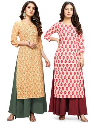 Beige printed cotton ethnic-kurtis 1