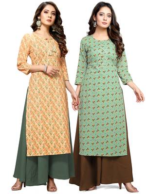 Beige printed cotton ethnic-kurtis 1