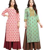 Off-white printed cotton ethnic-kurtis