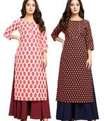 Off-white printed cotton ethnic-kurtis
