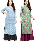 Sky-blue printed cotton ethnic-kurtis