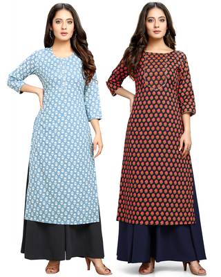 Sky-blue printed cotton ethnic-kurtis 1