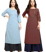 Sky-blue printed cotton ethnic-kurtis