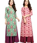 Teal-green printed cotton ethnic-kurtis