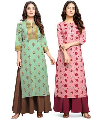 Teal-green printed cotton ethnic-kurtis 1