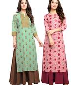 Teal-green printed cotton ethnic-kurtis