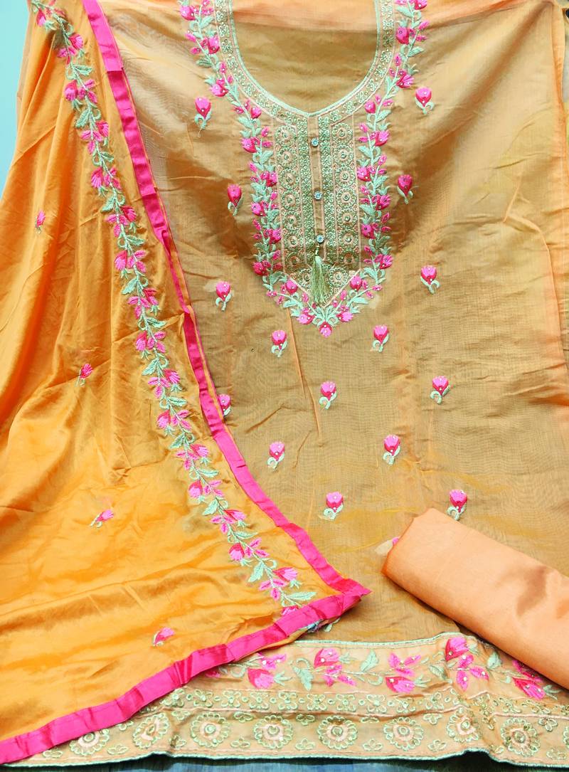 Orange colour Embroidered Chanderi Unstitched Salwar With Dupatta