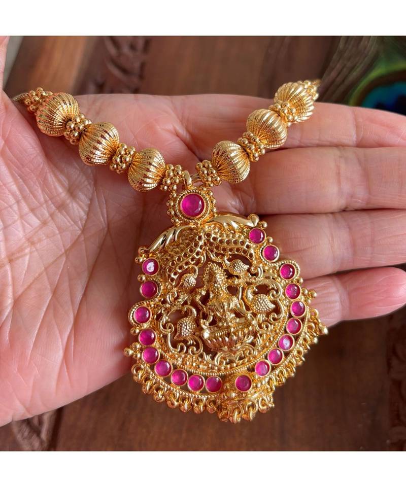 Beautiful Gold Tone Ruby Lakshmi Designer Necklace Dj25931