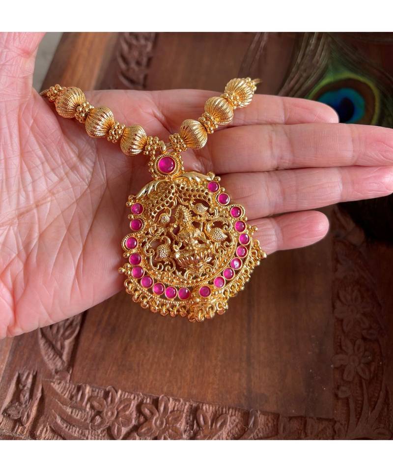 Beautiful Gold Tone Ruby Lakshmi Designer Necklace Dj25931
