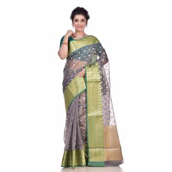 Grey woven organza saree with blouse 1