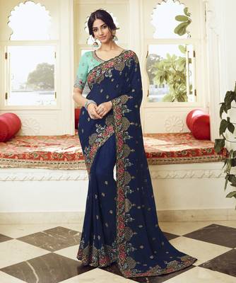 Navy blue embroidered silk blend saree with blouse 1