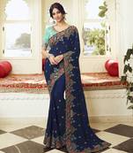 Navy blue embroidered silk blend saree with blouse