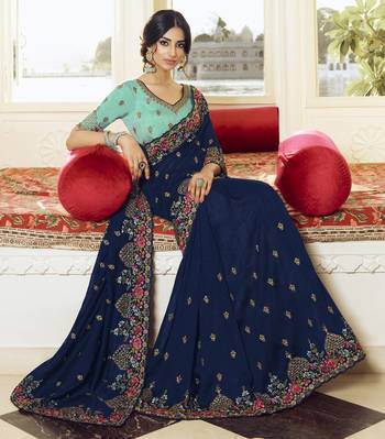 Navy blue embroidered silk blend saree with blouse 2