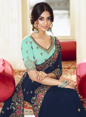 Navy blue embroidered silk blend saree with blouse 3
