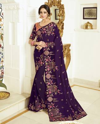Dark violet embroidered silk blend saree with blouse 1