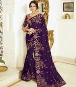 Dark violet embroidered silk blend saree with blouse