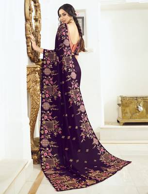 Dark violet embroidered silk blend saree with blouse 2