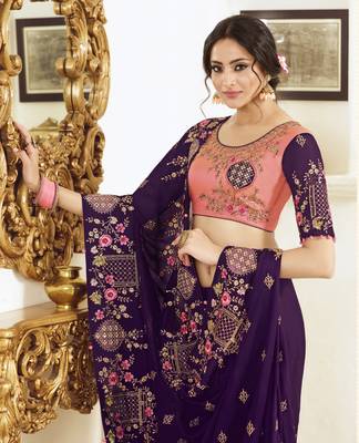 Dark violet embroidered silk blend saree with blouse 3
