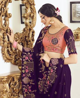 Dark violet embroidered silk blend saree with blouse 4