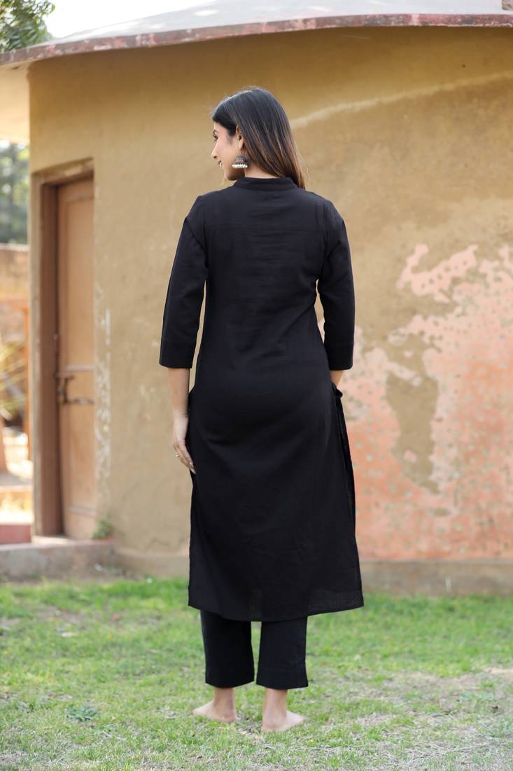 KAAJH Black Solid Cotton Casual Kurta 