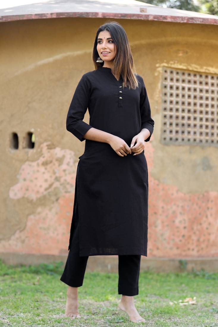 KAAJH Black Solid Cotton Casual Kurta 