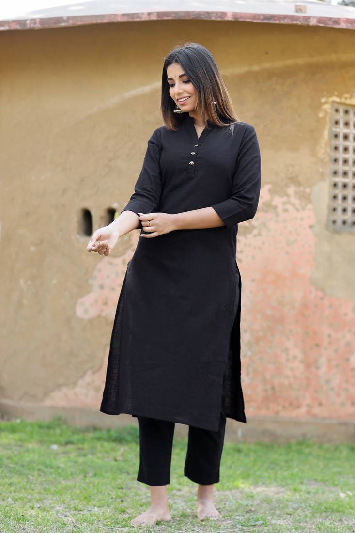 KAAJH Black Solid Cotton Casual Kurta 