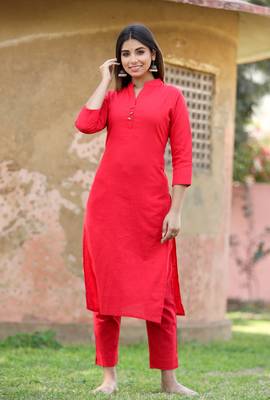 KAAJH Red Solid Cotton Casual Kurta  1