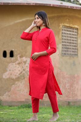 KAAJH Red Solid Cotton Casual Kurta  4