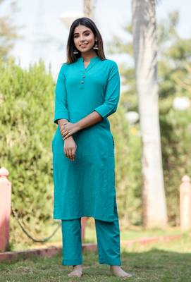 KAAJH Teal Green Solid Cotton Casual Kurta  1